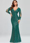 Plus Size Women Long Sleeve V-Neck Sequined Mermaid Evening Dress