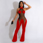 Women'S Fashion Solid Color Mesh Patchwork Halter Neck Low Back Lace-Up Bell Bottom Sexy Jumpsuit