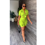 Women'S Summer Pocket Fashion Solid Color Short Sleeve Shirt Shorts Two-Piece Set