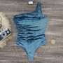 One-shoulder blue velvet triangle one-piece swimsuit feminine swimsuit