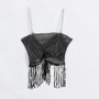 Women Fishnet Rhinestone Sexy Crop Top Women Tassel Beads Metal Chain Straps