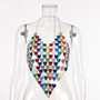 Women Contrast Color Heart Print Acrylic Halter Neck Backless Top