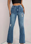 Women American Contrast Color High Waist Patchwork Raw Edge Pockets Style Denim Pants Jeans