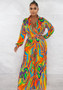 Womens Printed Long Sleeve Turndown Collar Wide Leg Jumpsuit