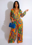 Womens Printed Long Sleeve Turndown Collar Wide Leg Jumpsuit