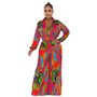 Womens Printed Long Sleeve Turndown Collar Wide Leg Jumpsuit