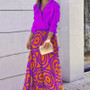 Early Autumn Women's Fashion V-Neck Long Sleeve Top Painted Skirt Casual Set