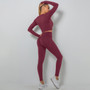 Seamless Solid Color High Stretch Low Neck Long Sleeve Yoga Wear Set Sports Running Fitness Wear Two Piece Women