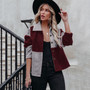 Fall/Winter Women's Turndown Collar Contrast Color Patchwork Long Sleeve Woolen Jacket Top