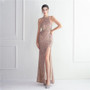 Beading Formal Party Chic Elegant Long Halter Neck Split Sequins Evening Dress