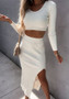 Autumn and Winter Women's Solid Color Ribbed Long Sleeve Fashion Sexy Split Long Dress Two Piece Set