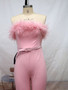 Women's Strapless Fur Belted Slim Jumpsuit