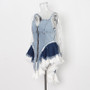 Women Suspender Zip Irregular Contrast Patchwork Denim Dress