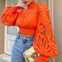 Orange Lace Cutout High Neck Puff Sleeve Fashion Top