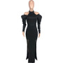 Women Sexy Solid Color Off-Shoulder Slit Dress Long Dress With Belt