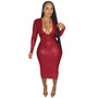 Ladies Chic Fashion Deep V Neckshiny Fabric Ladies Midi Bodycon Dress Party Wear