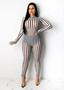 Striped Mesh Patchwork Casual Sexy Stretch Jumpsuit