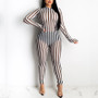 Striped Mesh Patchwork Casual Sexy Stretch Jumpsuit