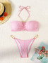 Women Sexy Strapless Solid Metal Chain Bikini Swimsuit Two Pieces
