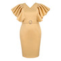 Spring V-Neck Pleated Ruffle Sleeve High-Waist Dress Belt-Decorated