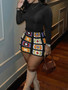 Women's Sexy Geometric Color Block Long Sleeve Pullover Top Multicolor Printed Skirt Two Piece Set