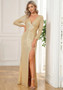 Long Sleeve Slit Sequined Evening Gown