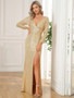 Long Sleeve Slit Sequined Evening Gown