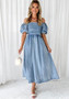 Summer Chic Elegant Puff Sleeve Slim Waist Denim Long Dress