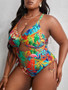 Plus Size Multicolor Print Hollow Crossover Lace-Up One-piece Swimsuit