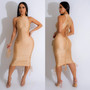 Women's Fashion Solid Color Sexy Sleeveless Low Back Pleated Drawstring Bodycon Dress