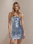 Women Summer Solid Sleeveless Strapless Off Shoulder Denim Shiny Dress