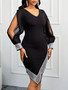 Women Spring Summer Long Sleeve Sequined Chiffon Patchwork Black Bodycon Dress