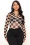 Sexy Plaid printed turndown collar long sleeve bodysuit