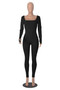 Women's Solid Color Long Sleeve Ribbed Square Neck Low Back Slim Fit Jumpsuit