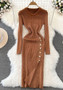 Fashion Chic Long Sleeve Round Neck Slim Waist Slim Fit Maxi Slit Silk Knitting Bodycon Basic Dress