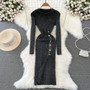 Fashion Chic Long Sleeve Round Neck Slim Waist Slim Fit Maxi Slit Silk Knitting Bodycon Basic Dress