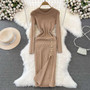 Fashion Chic Long Sleeve Round Neck Slim Waist Slim Fit Maxi Slit Silk Knitting Bodycon Basic Dress