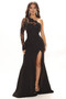 elegant slash shoulder long sleeve mesh patchwork slit evening dress