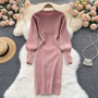 Sexy Puff Sleeves Slim Elastic Knitting Dress For Women