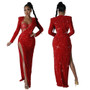 Women Solid Sequin Sexy Bodysuit and Slit Dress Two-piece Set