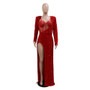 Women Solid Sequin Sexy Bodysuit and Slit Dress Two-piece Set