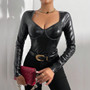 Spring Street Style Pu Leather Solid Color Long-Sleeved Square Collar Slim Fit Bodysuit