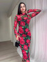 Spring Floral Print Long Sleeve Midi Dress