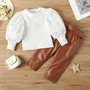 Middle and small girls' Spring and Autumn bubble sleeve top pu Leather belt waist leather pants suit