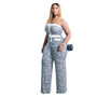 Plus Size Women Fake Button Strapless Print Jumpsuit