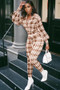 Fashionable Spring Turndown Collar Slim Puff Sleeve Women's Plaid Print Jumpsuit