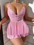 Sexy Lingerie Sexy V-Neck Pink Lace Mesh Strap Night Dress