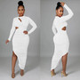 Women Solid Color Pleated Round Neck Cut Out Long Sleeve Maxi Dress