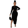 Women Solid Color Pleated Round Neck Cut Out Long Sleeve Maxi Dress