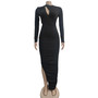 Women Solid Color Pleated Round Neck Cut Out Long Sleeve Maxi Dress